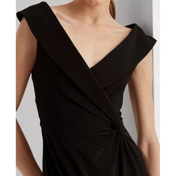 Lauren Ralph Lauren Column Gown Size 12 Black Off Shoulder Side Slit Dress NEW - Picture 3 of 14